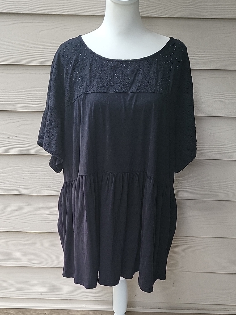 Vintage Cotton Jersey Crew Neck Eyelet Yoke Babydoll Top Size 3X